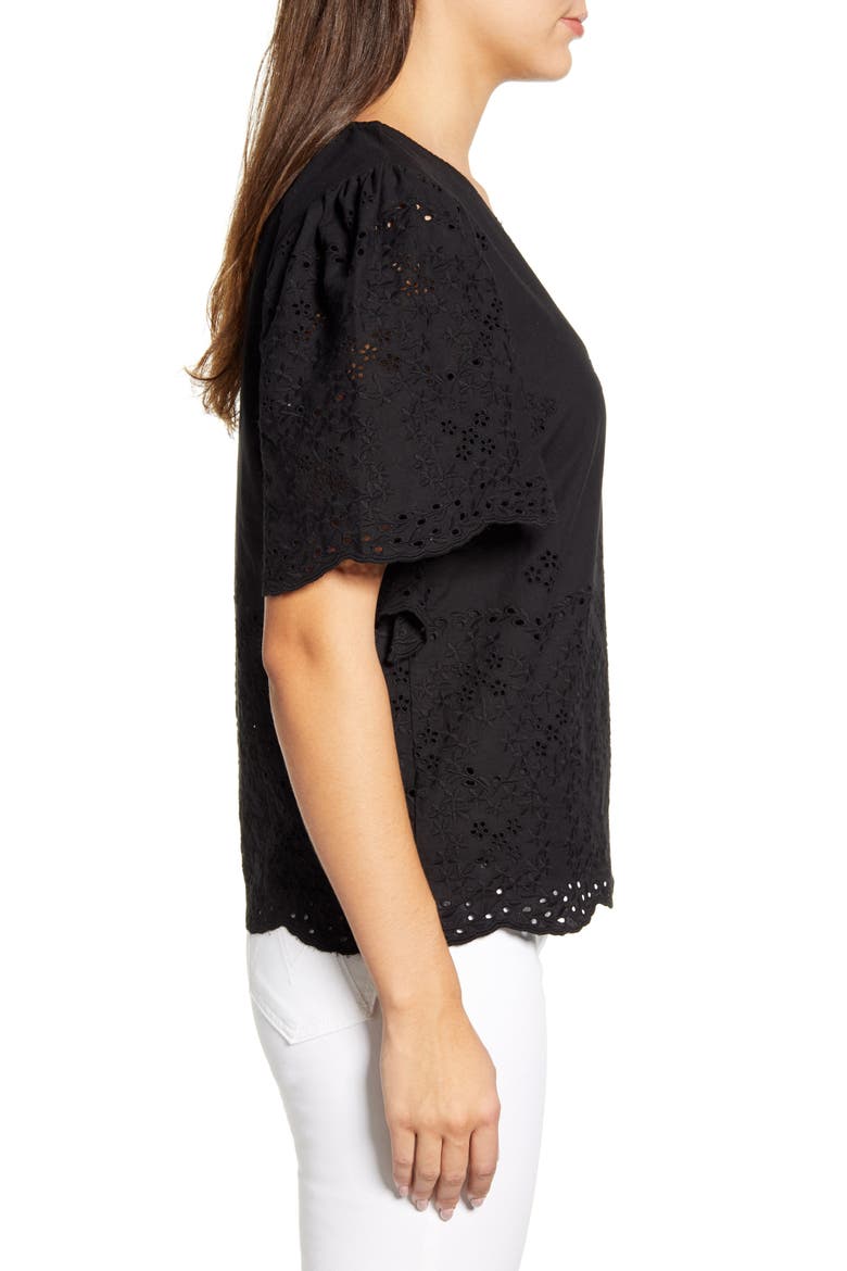 Nyla Flutter Sleeve Cotton Eyelet Top, Alternate, color, BLACK