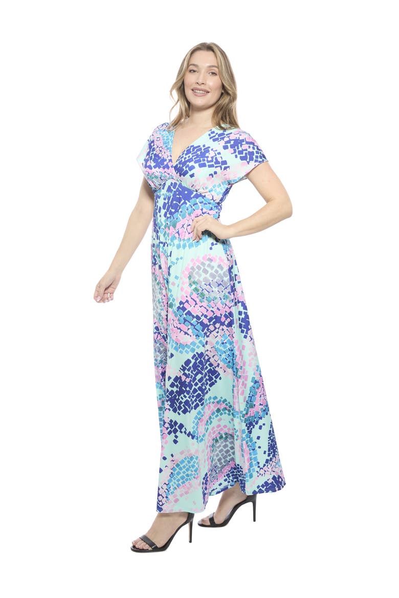 Womens Essential V-Neck Empire Waist Cap Sleeve Maxi Dress, Alternate, color, Blue Multi
