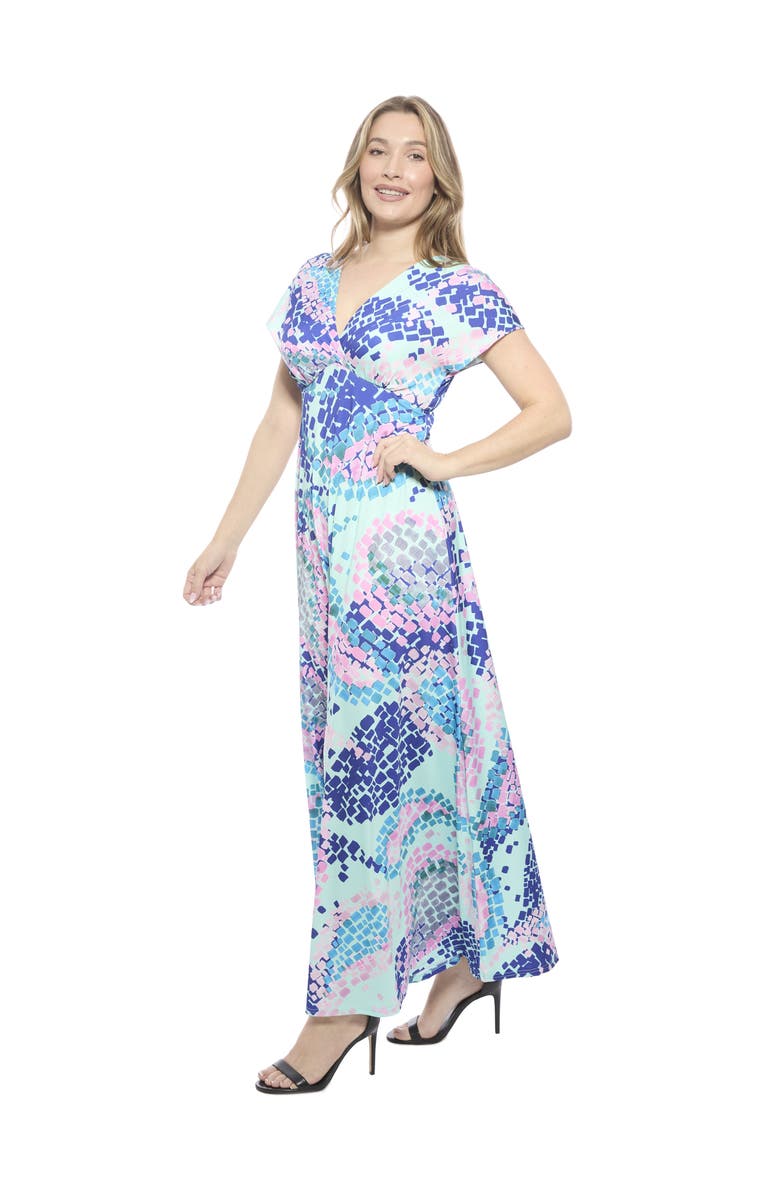 24seven Comfort Apparel Womens Essential V-Neck Empire Waist Cap Sleeve Maxi Dress, Alternate, color, Blue Multi