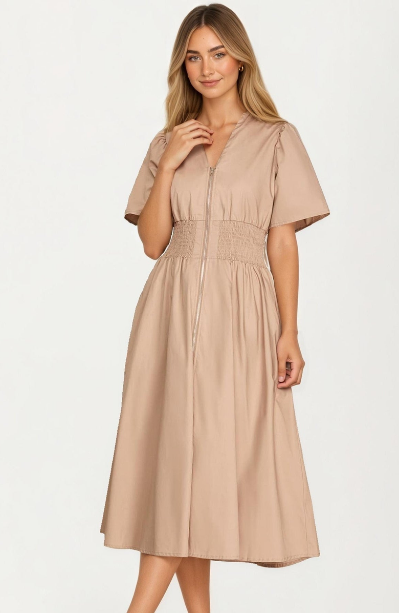 Knit and Lounge Zip-Front Smocked Waist Short Sleeve Midi Dress, Main, color,