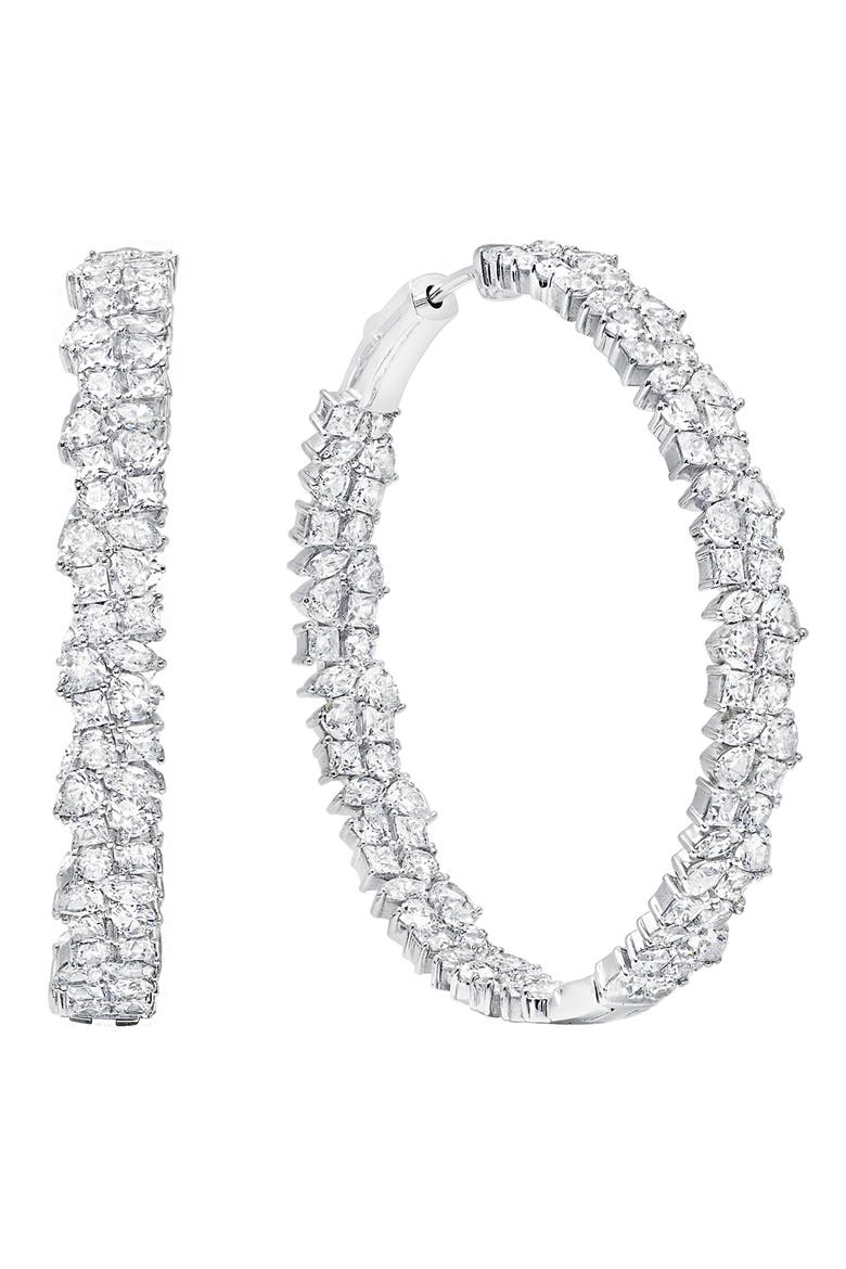Cubic Zirconia Cluster Inside Out Hoop Earrings, Main, color, PLATINUM