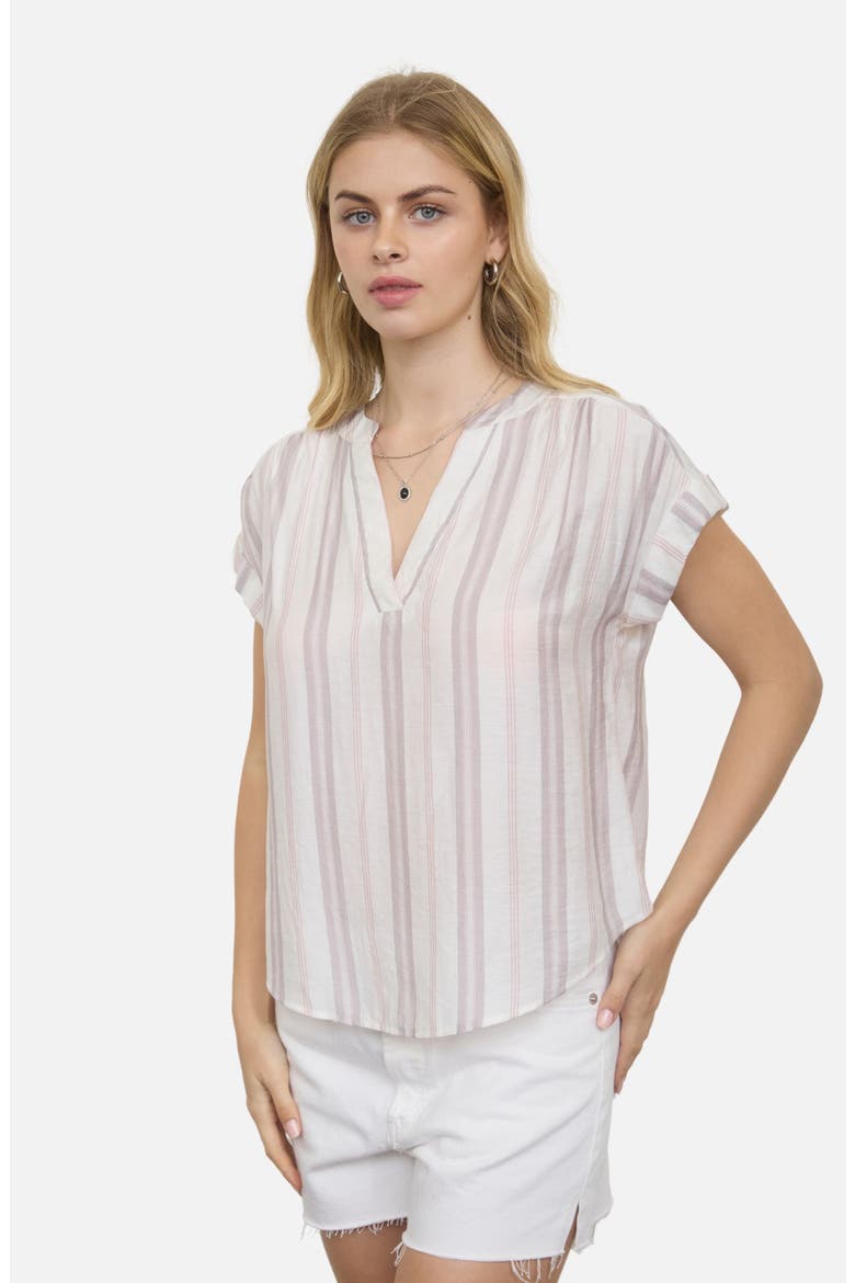 Stripe Split Neck Top, Alternate, color, KHAKI