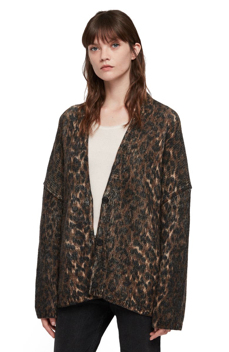 AllSaints Ph Leopard Wool Blend Cardigan, Alternate, color,