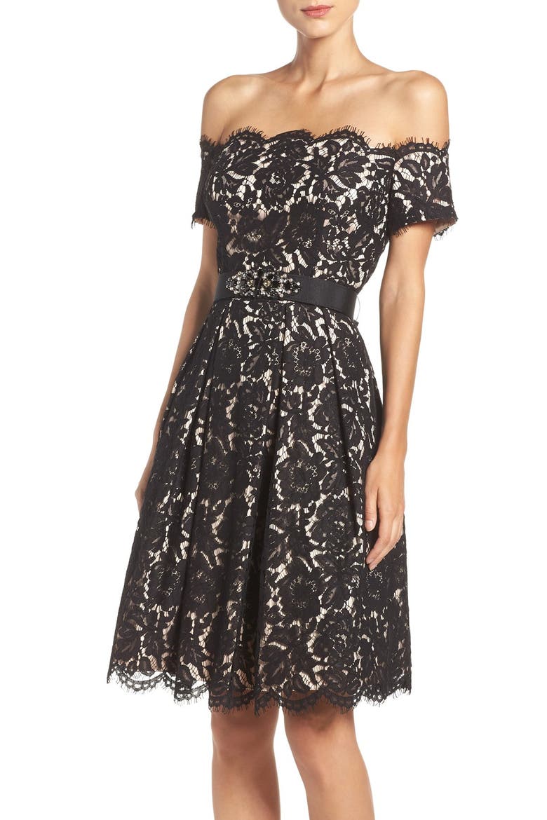 Embellished Lace Fit & Flare Dress, Main, color, BLACK/ TAN