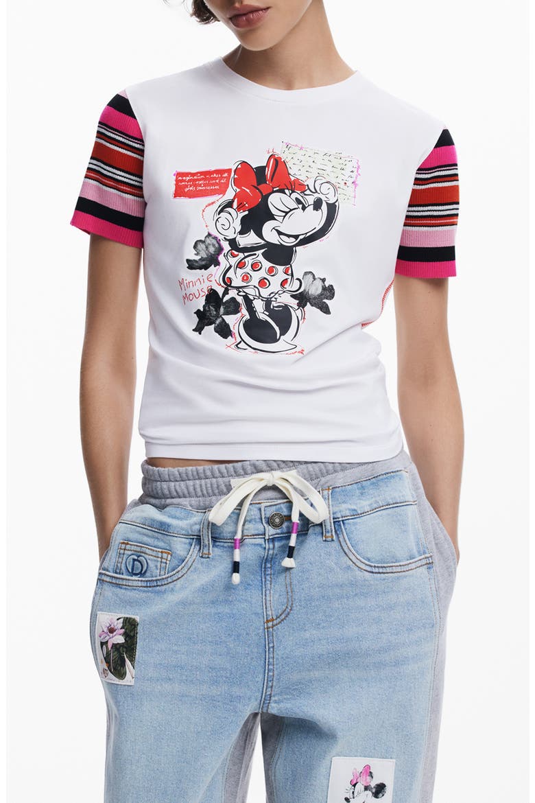 Minnie Mouse Stripe Sleeve Graphic T-Shirt, Main, color, WHITE