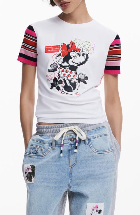 Minnie Mouse Stripe Sleeve Graphic T-Shirt