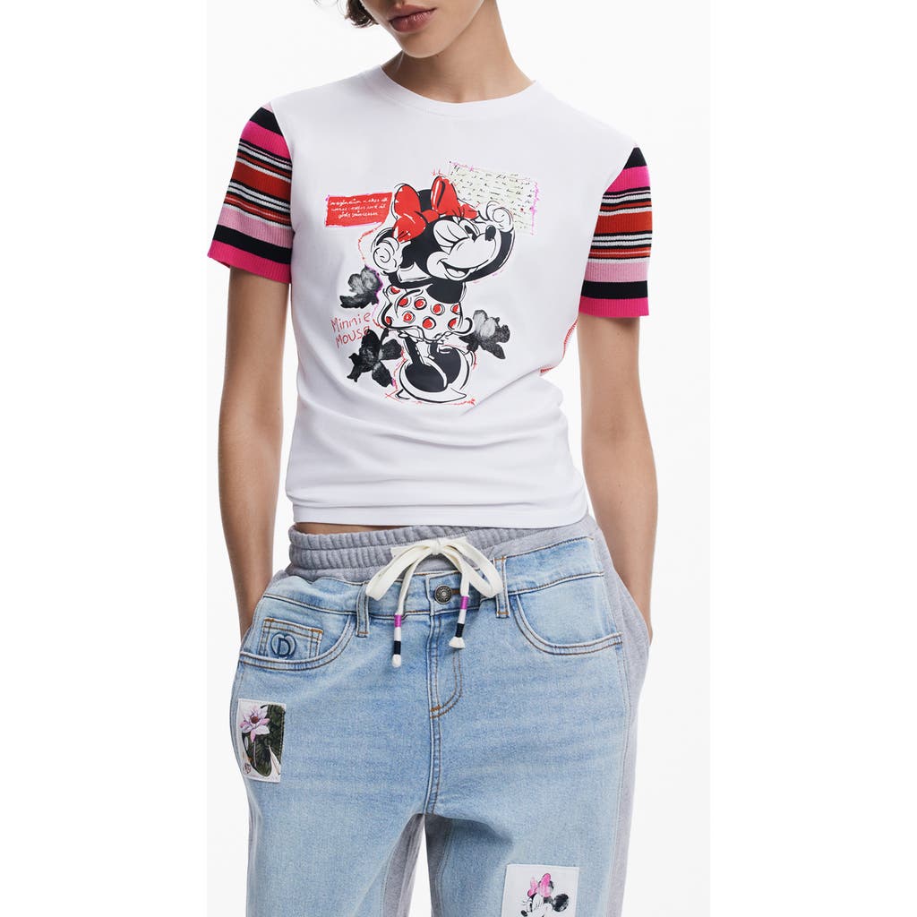 Desigual Minnie Mouse Stripe Sleeve Graphic T-shirt In White