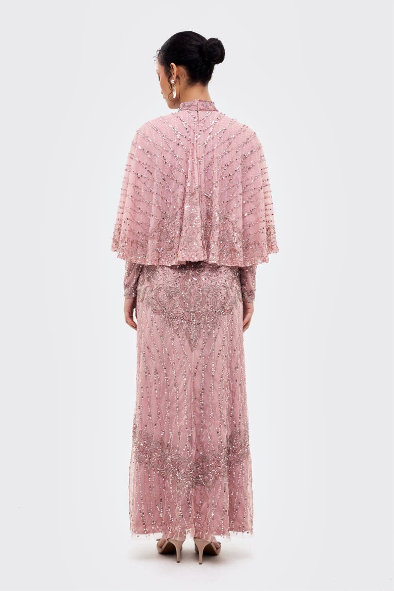 Modest Cape Embellished Sequins Gown, Alternate, color, FROSTED PINK