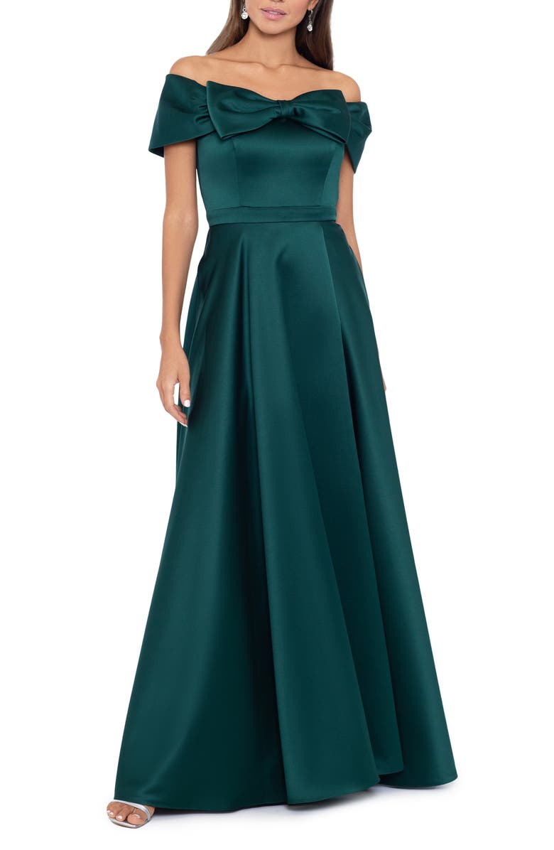 Xscape Evenings Bow Front Off the Shoulder Satin Ballgown, Main, color, 