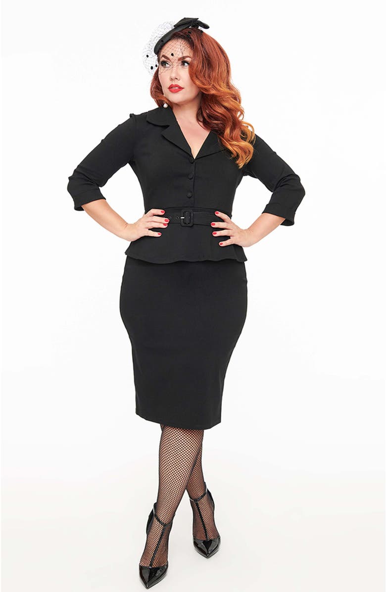 Unique Vintage Peplum Cooper Suit Pencil Dress, Main, color, Black