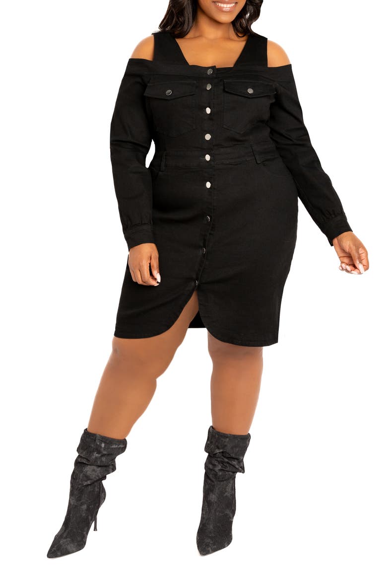 Off the Shoulder Long Sleeve Denim Dress, Alternate, color, DENIM BLACK