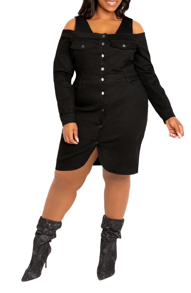 BUXOM COUTURE Off the Shoulder Long Sleeve Denim Dress, Alternate, color, Denim Black