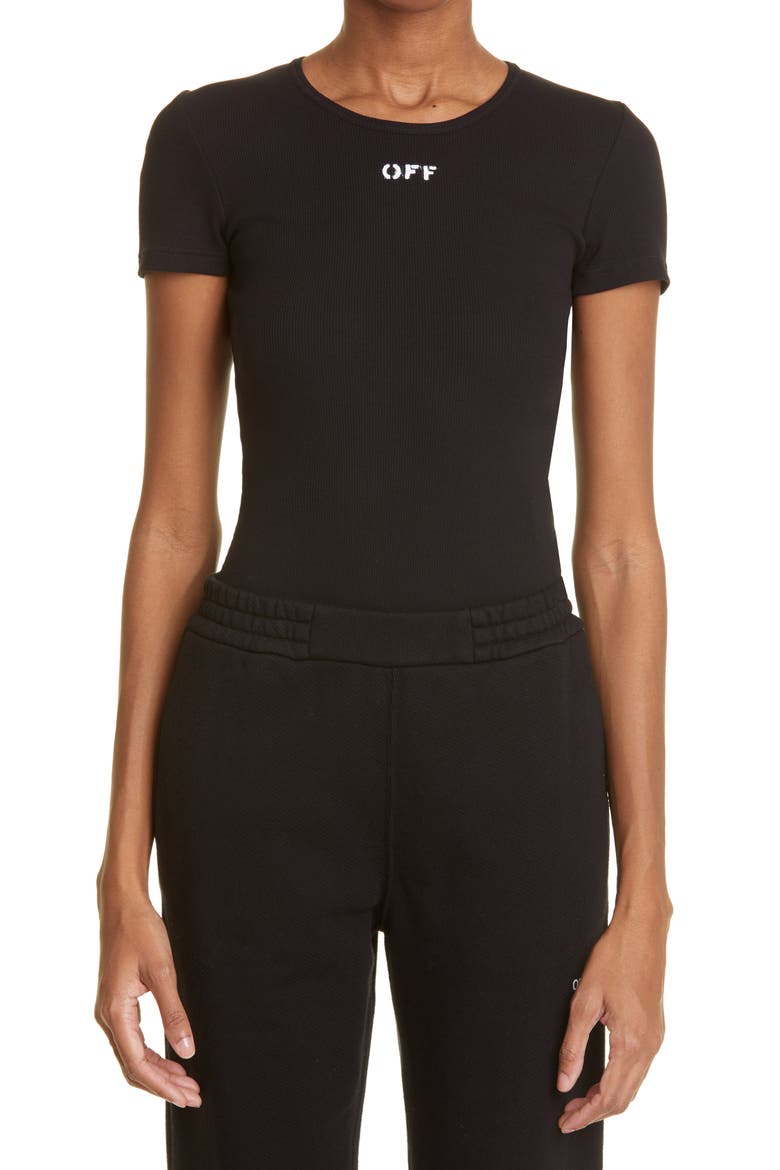 Logo Stamp Rib Stretch Organic Cotton Bodysuit, Main, color, BLACK WHITE