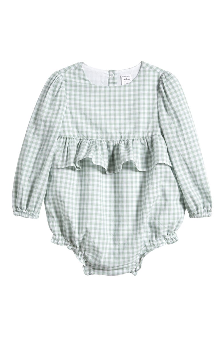 Ruffle Cotton Bubble Romper, Main, color, GREEN MIRROR GINGHAM