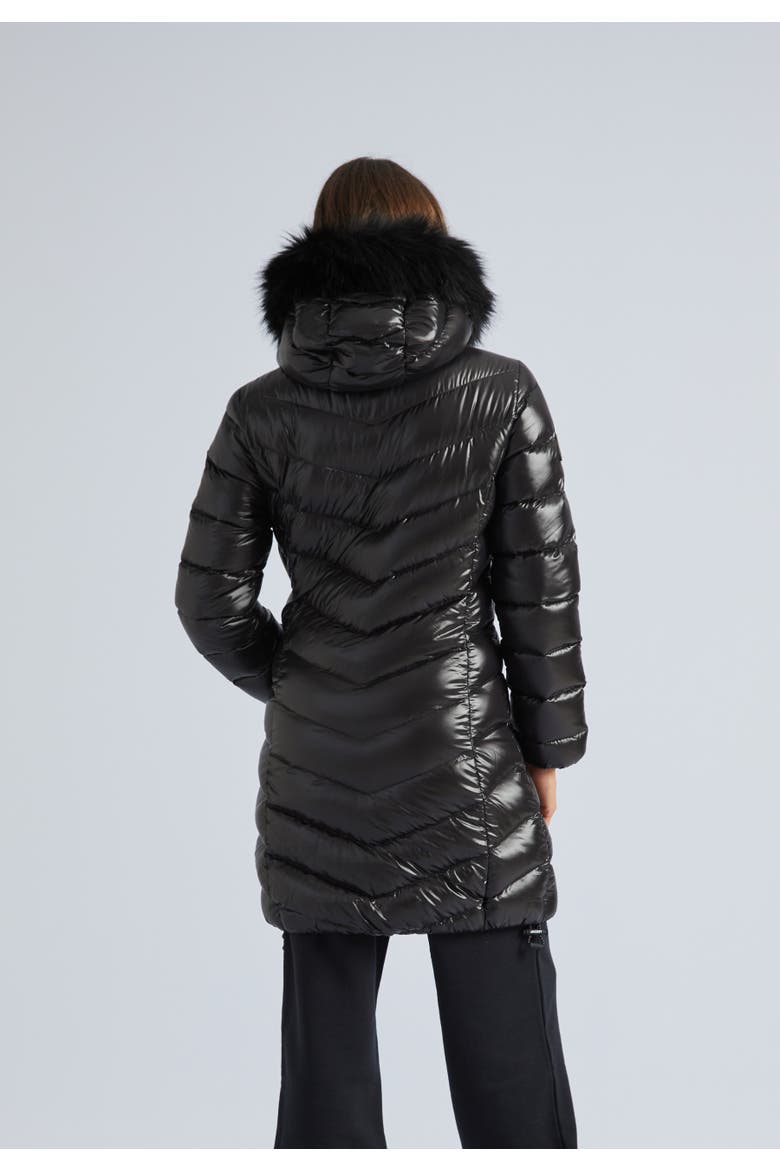 Longline Hooded Down Coat, Alternate, color, Black Shine