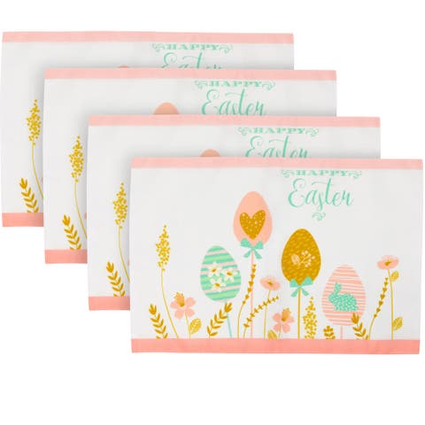 Pastel Eggs Happy Easter Floral Placemats - 18" - White and Pink - Set of 4