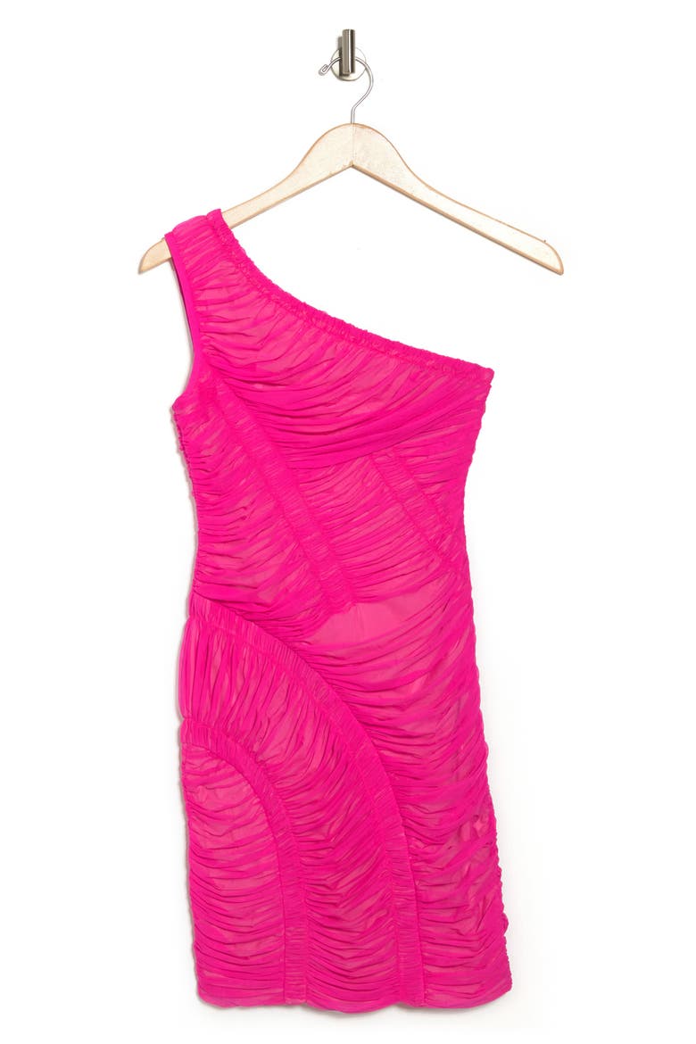 One-Shoulder Ruched Mini Dress, Alternate, color, NEON PINK 673