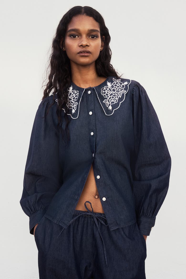 Embroidered-collar Denim Blouse, Alternate, color, Dark denim blue