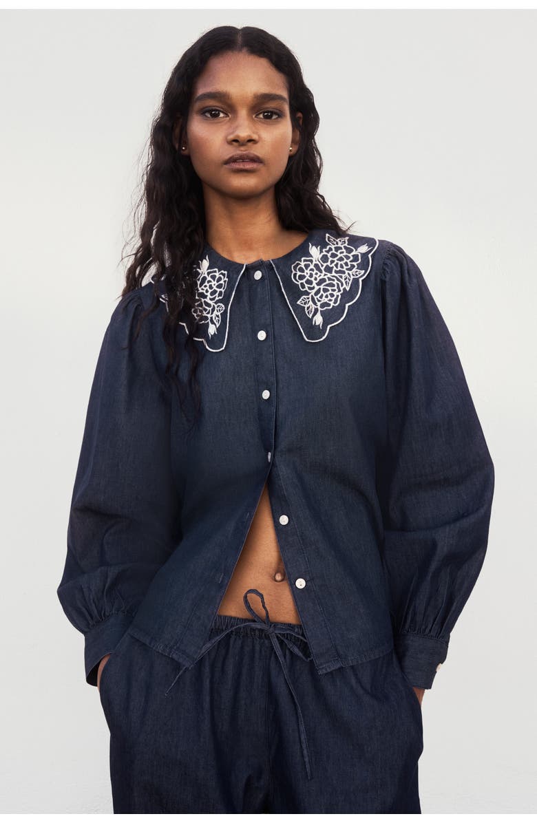 H&M Embroidered-collar Denim Blouse, Alternate, color, Dark Denim Blue