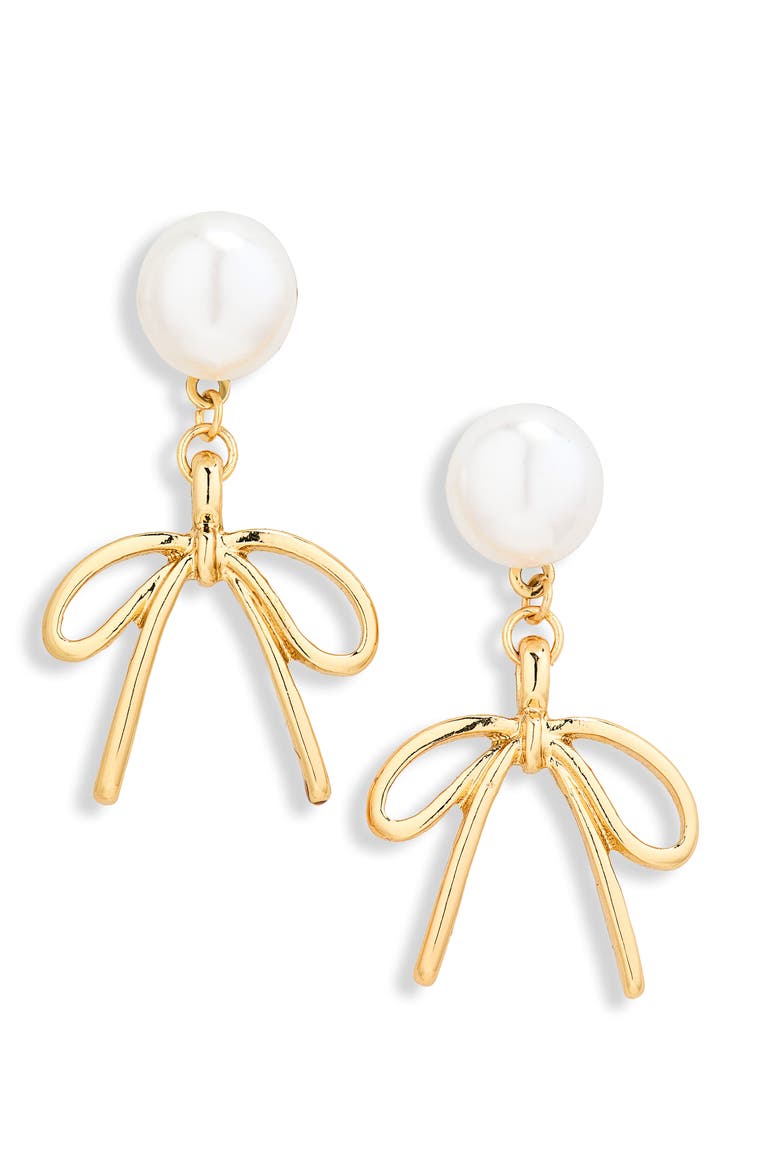 Demi Fine Faux Pearl Bow Drop Earrings, Main, color, WHITE- GOLD