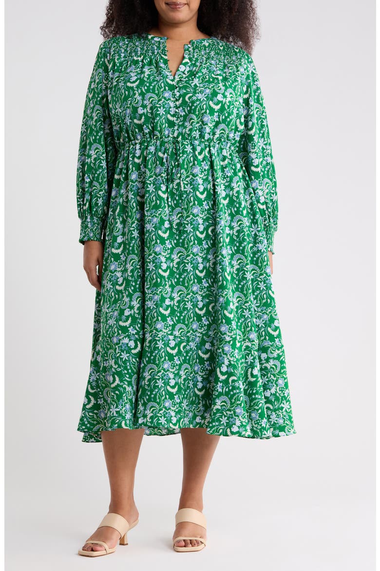 Cabana Floral Keila Long Sleeve Smocked Yoke Midi Dress, Main, color, GREEN-BLUE