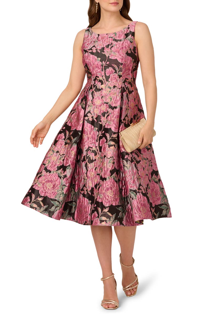 Adrianna Papell Jacquard Fit & Flare Dress, Alternate, color, Black/ Pink Multi