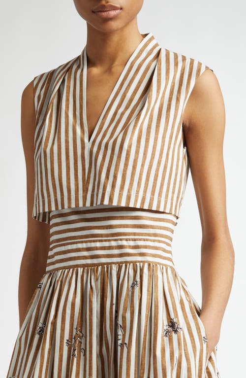 Lela Rose Floral Stripe V-neck Cotton Dress In Walnut