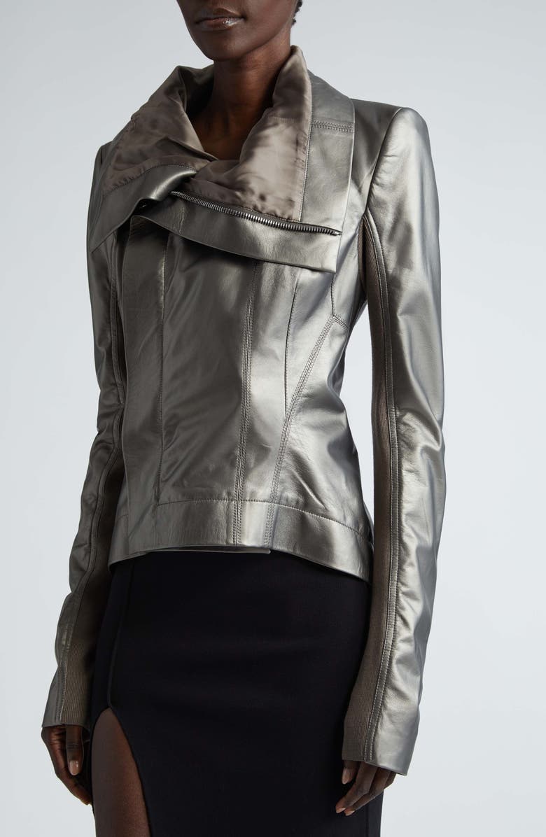 Rick Owens Naska Drape Metallic Lambskin Biker Jacket, Alternate, color,