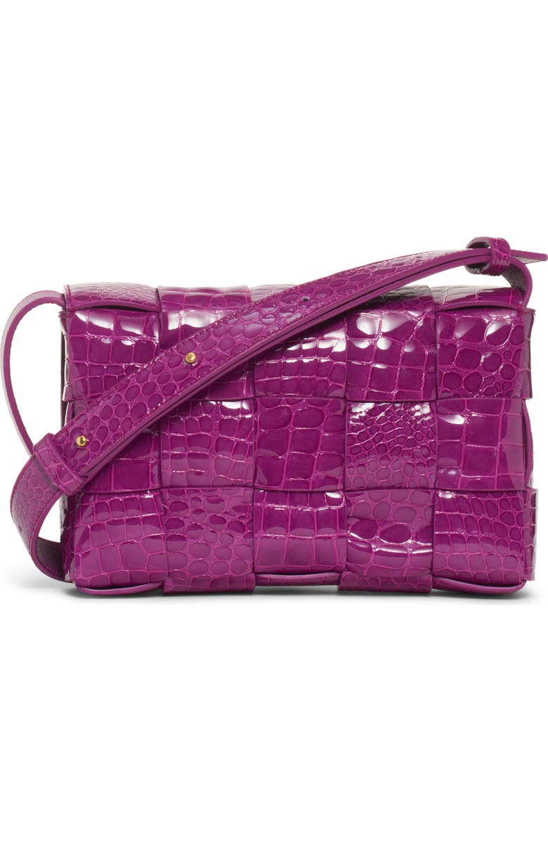 Bottega Veneta Cassette Intrecciato Croc Embossed Patent Leather Crossbody Bag, Alternate, color, Venom-M Brass