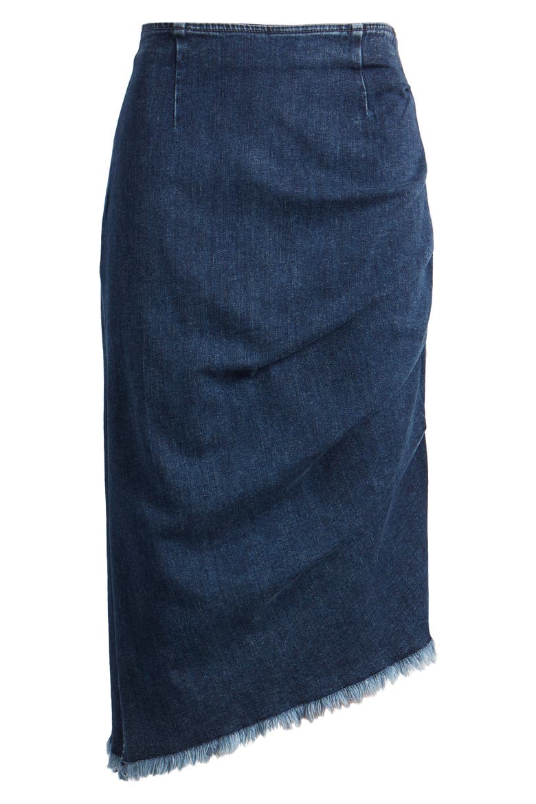 Bustle Frayed Asymmetric Denim Midi Skirt, Alternate, color, LORA BLUE