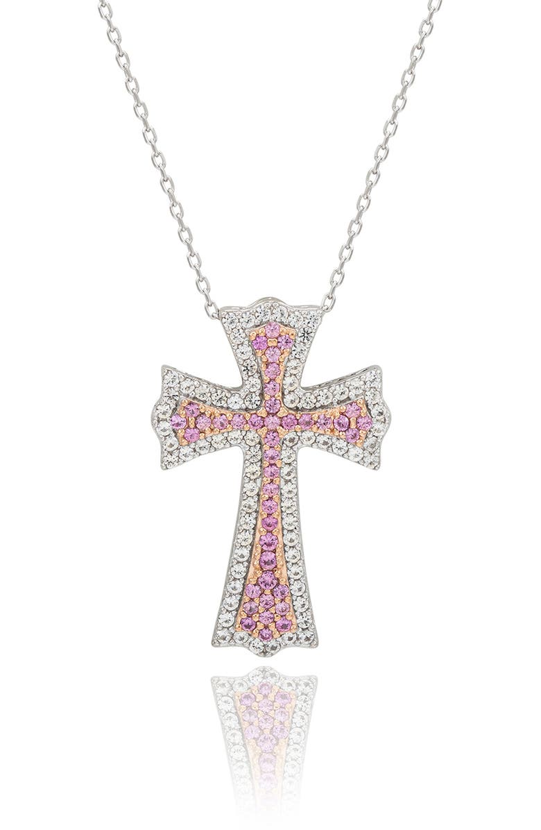 SUZY LEVIAN DIAMONDS Two-Tone Pavé Pink & White Sapphire Cross Pendant Necklace, Main, color, Pink