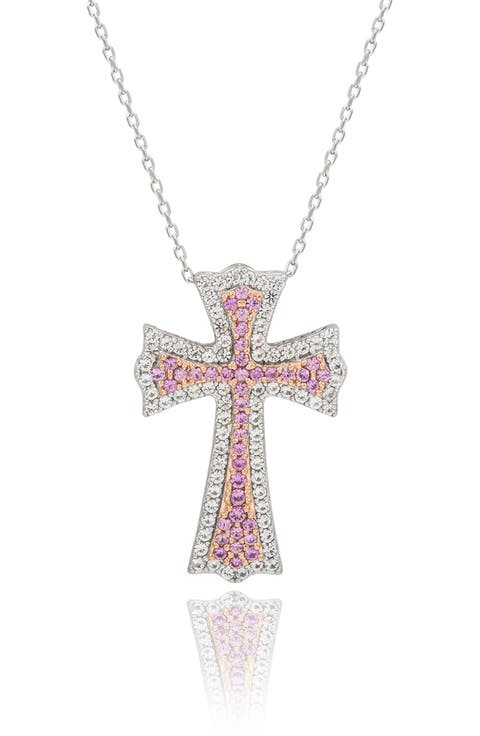 Two-Tone Pavé Pink & White Sapphire Cross Pendant Necklace