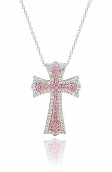 SUZY LEVIAN DIAMONDS Two-Tone Pavé Pink & White Sapphire Cross Pendant Necklace