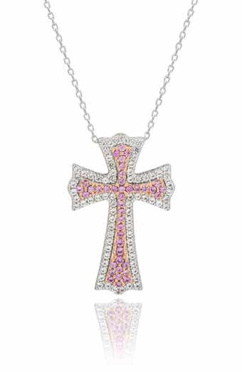 SUZY LEVIAN DIAMONDS Two-Tone Pavé Pink & White Sapphire Cross Pendant Necklace