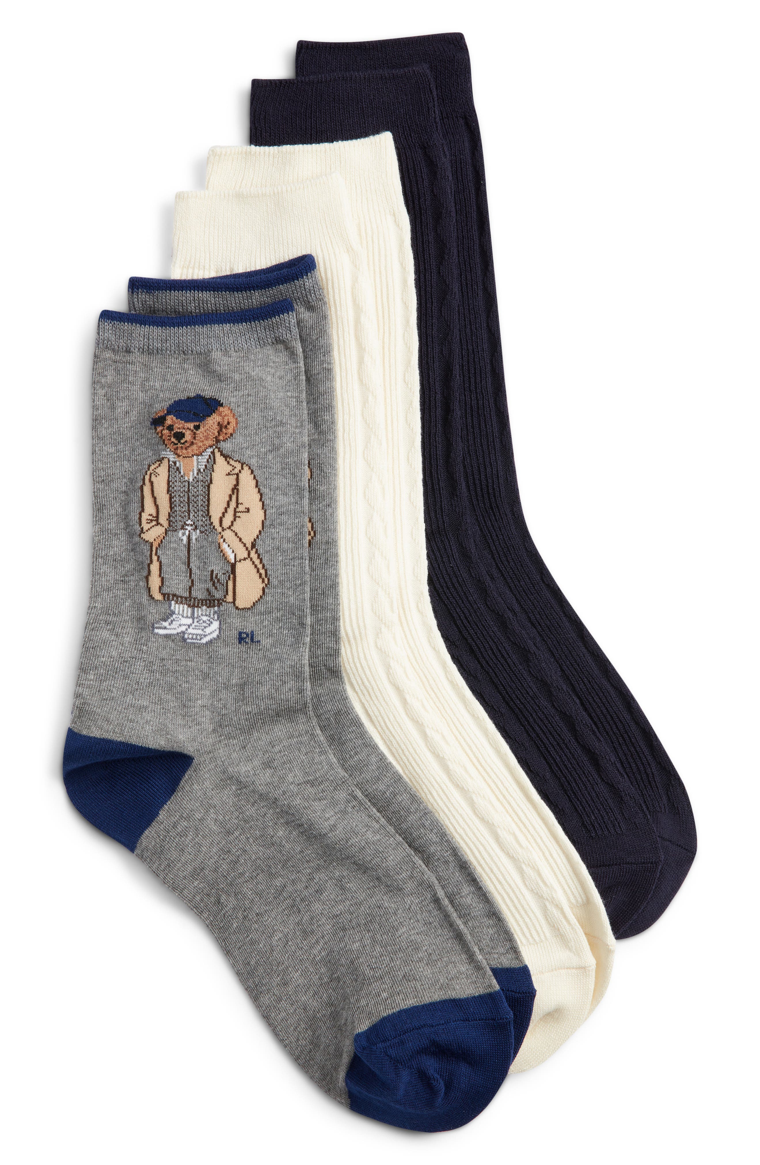 Polo Ralph Lauren Embroidered Fall Bear Assorted 3-pack Cotton Blend Crew Socks In Multi