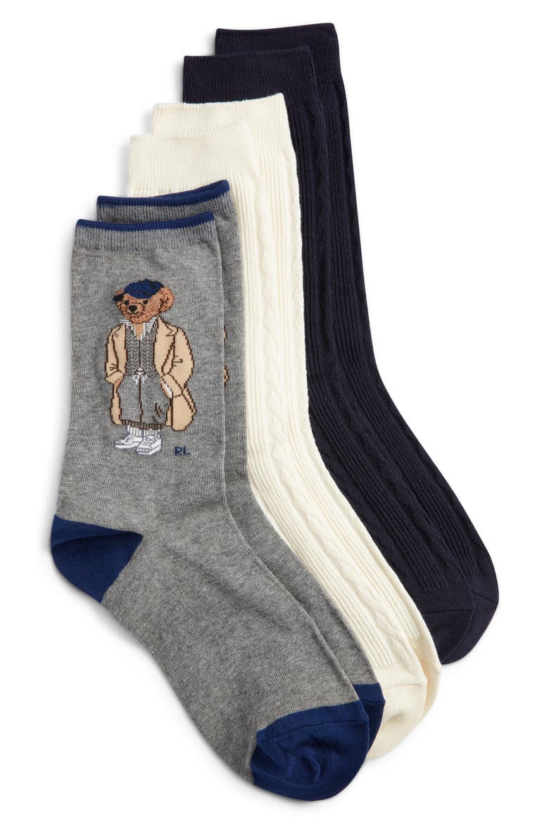 Embroidered Fall Bear Assorted 3-Pack Cotton Blend Crew Socks, Main, color, NAVY ASSORTED