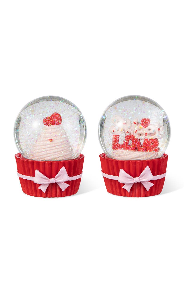 Glitzhome 3.25"H Set of 2 65MM Valentine's Resin Cupcakes Waterglobes, Main, color, Red