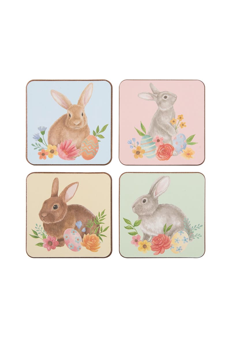 Easter Rabbits & Flowers Set of 4 Drink Sitter Coasters 4", Main, color, Brown