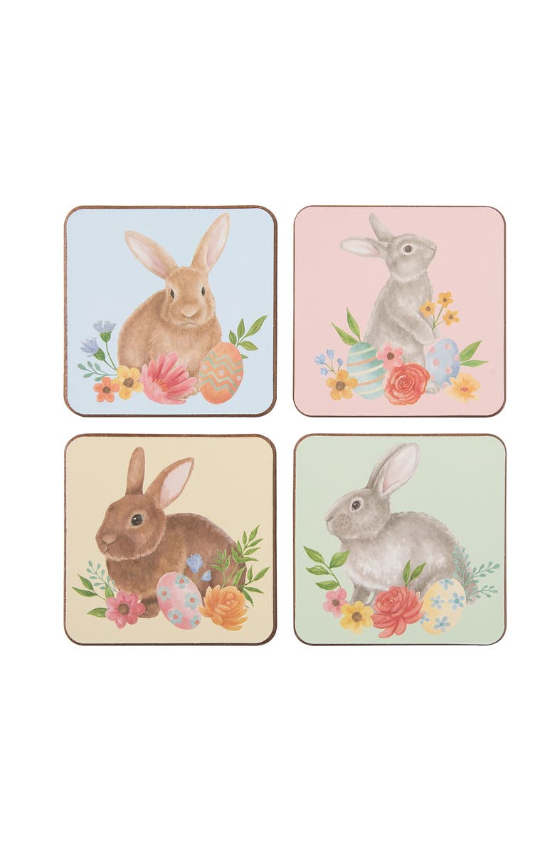 C&F Home Easter Rabbits & Flowers Set of 4 Drink Sitter Coasters 4", Main, color, Brown