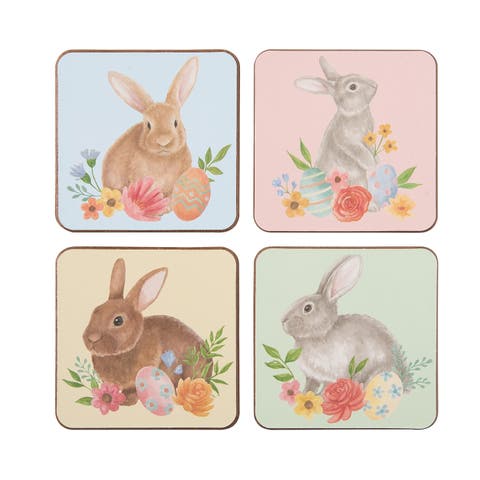 Easter Rabbits & Flowers Set of 4 Drink Sitter Coasters 4"