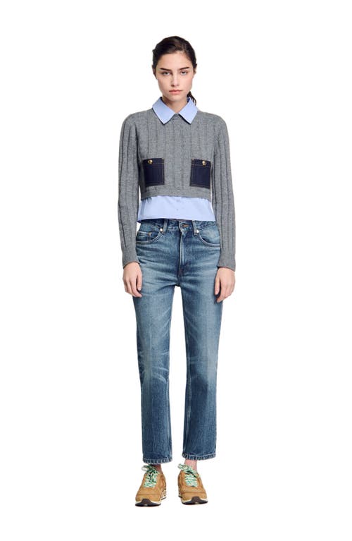 Sandro Wool-cashmere Poplin-trim Sweater In Grey
