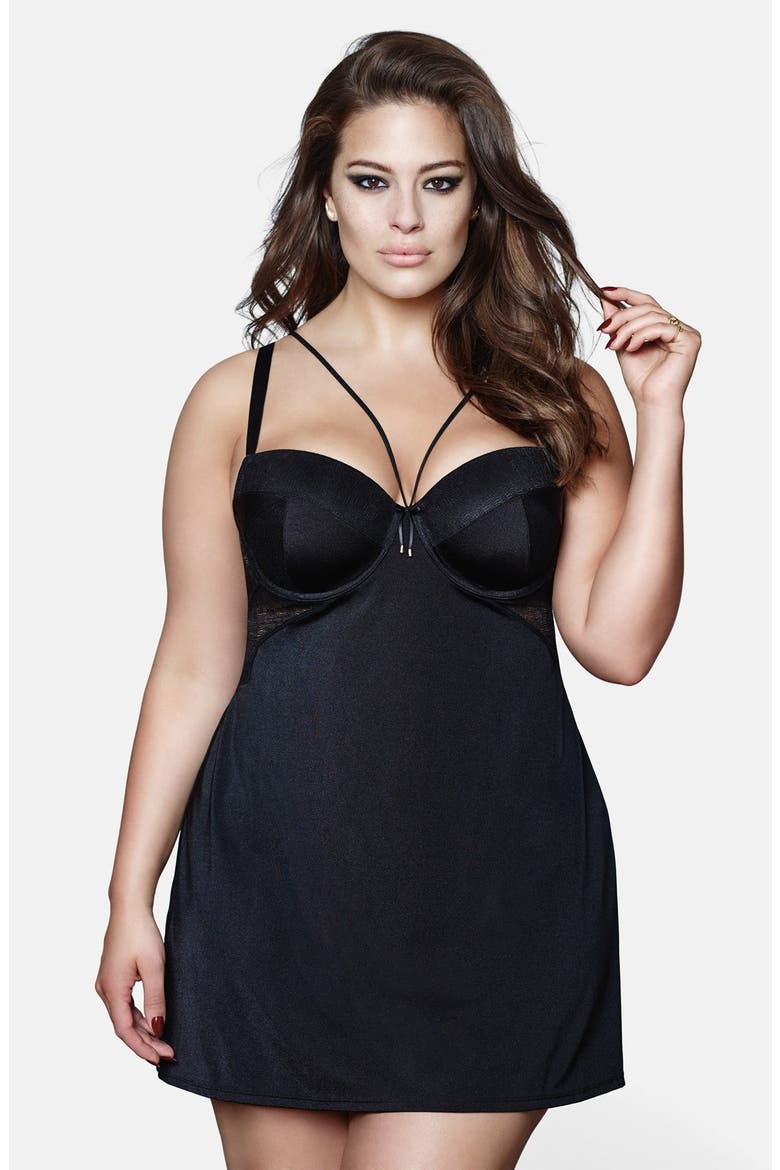 Underwire Mesh Inset Chemise, Main, color, BLACK