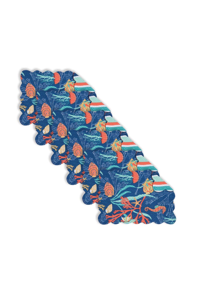 Bimini Island Coastal Sea Life Cotton Quilted Reversible Placemats Set of 6, 13" x 19", Main, color, Blue