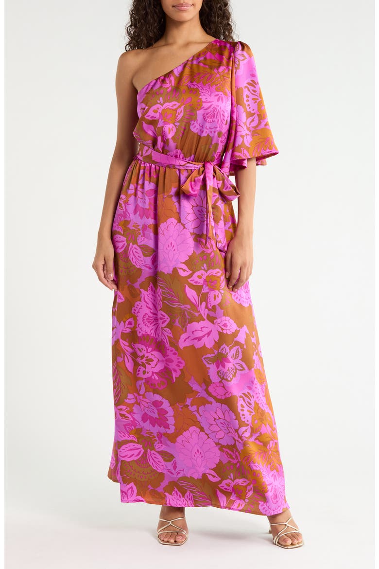 Lorian Floral Meara One-Shoulder Maxi Dress, Main, color, RUST-MAGENTA
