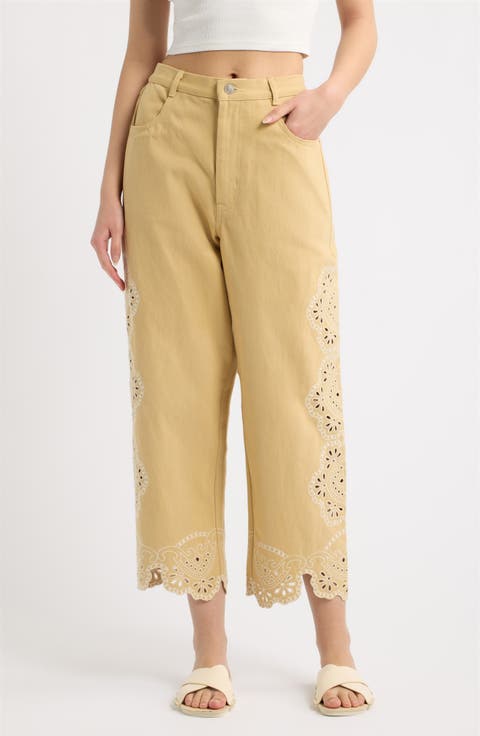 Jules Eyelet Embroidered Mid Rise Crop Straight Leg Pants