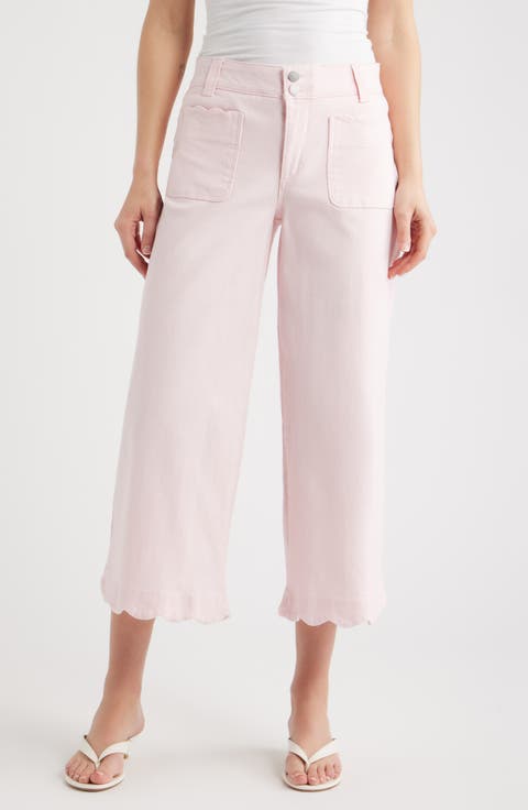 Scallop Patch Pocket High Waist Crop Wide Leg Twill Pants