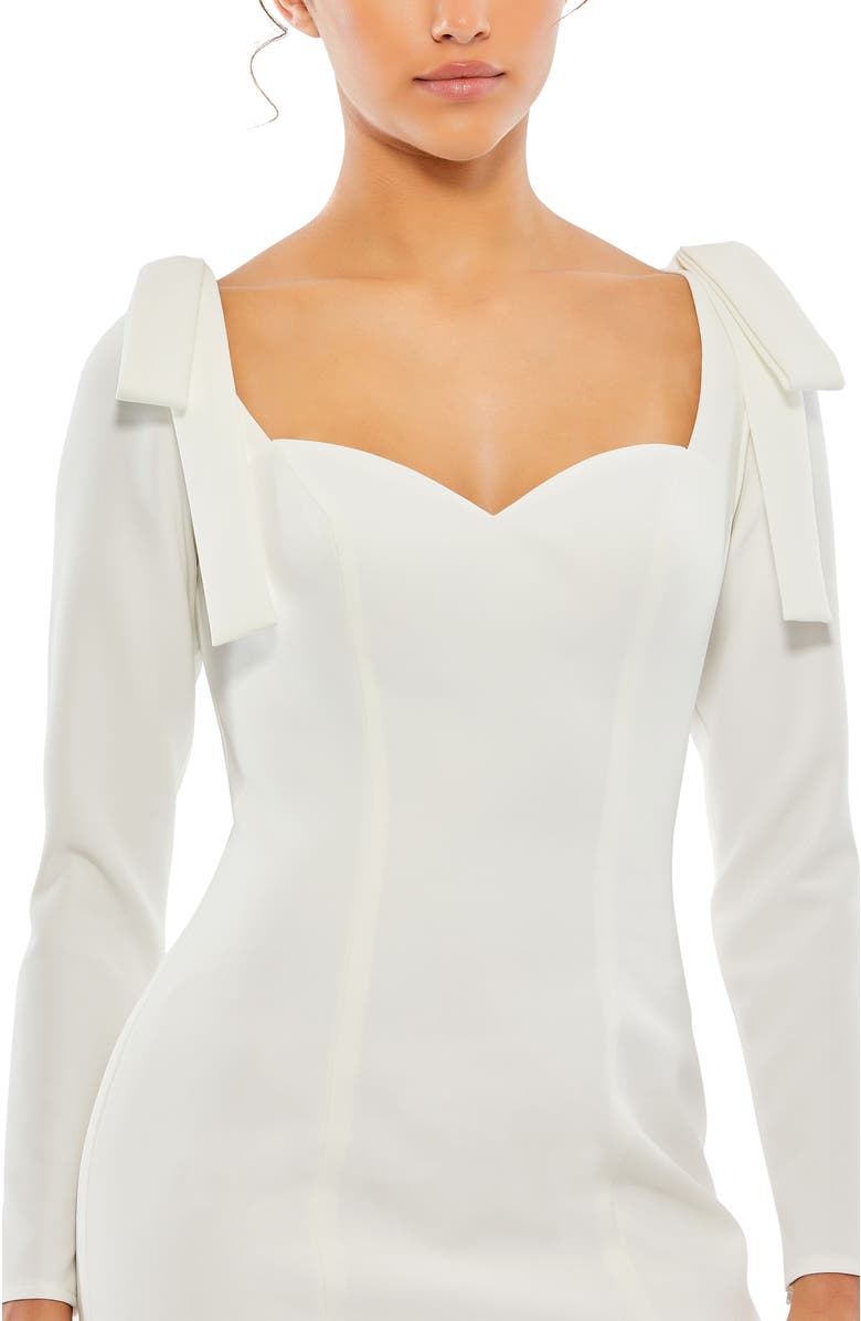 Mac Duggal Fitted Sweetheart Mini Dress with Bow Shoulders and Long Sleeves, Alternate, color, White