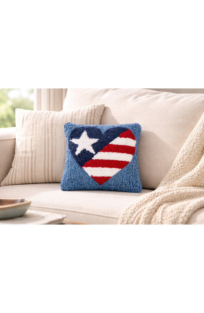 C&F Home Patriotic Heart U.S.A. Flag Hooked Mini Accent Pillow, 8" x 8", Alternate, color, Blue