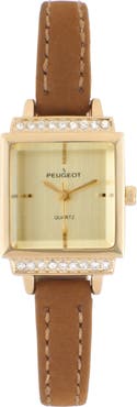 Peugeot Small Face Crystal Bezel Suede Watch- 22MM