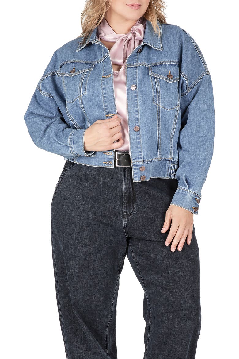 Smocked Hem Denim Jacket, Alternate, color, STONEWASH